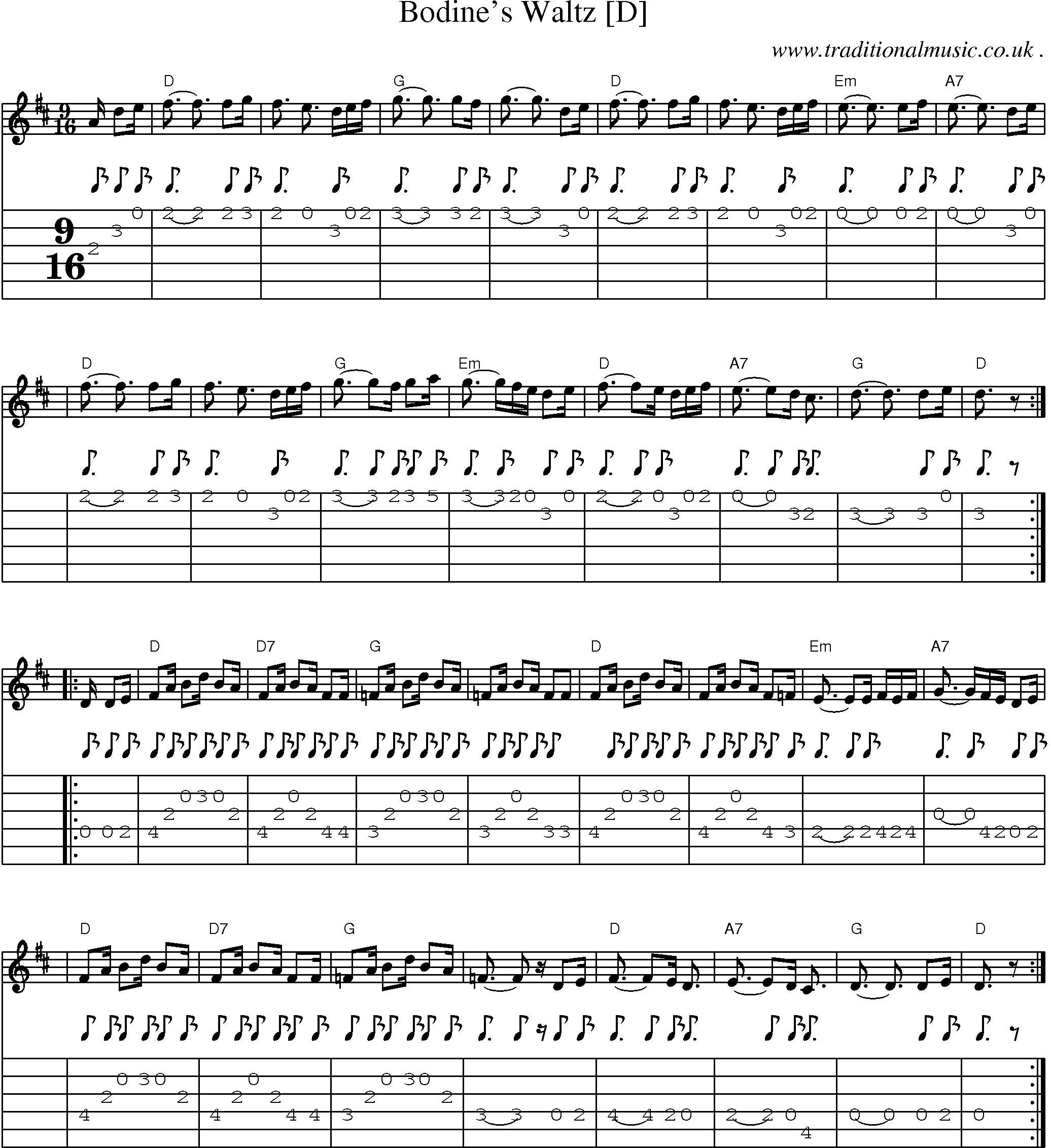 Music Score and Guitar Tabs for Bodines Waltz [d]